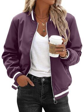 Women's Purple Polyester Zip Up Sweatshirt Long Sleeve Casual Bomber Jacket
